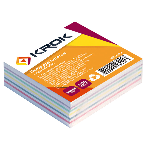 Блок паперу для нотаток 85х85мм 300 арк клеєний мікс, Krok